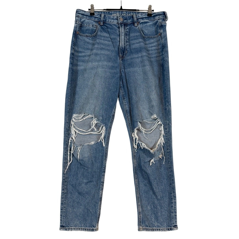 American Eagle Mom Jeans 12 Short Medium Wash Strigid Distressed High Rise 90's